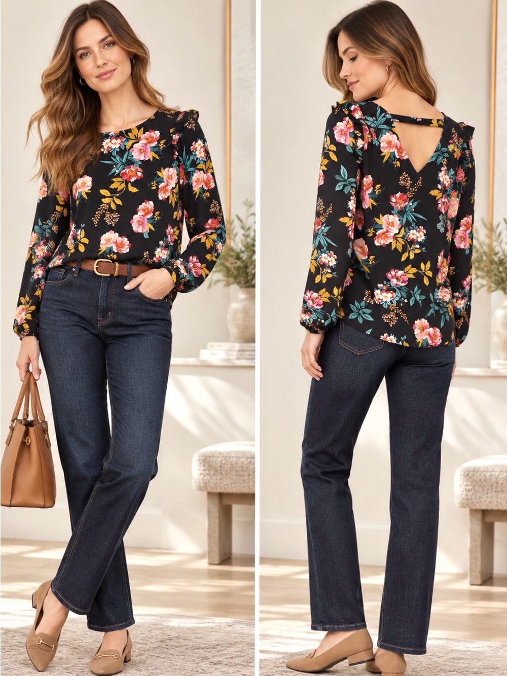 LOFT FLORAL RUFFLE SHOULDER BAR BACK BLOUSE Size L